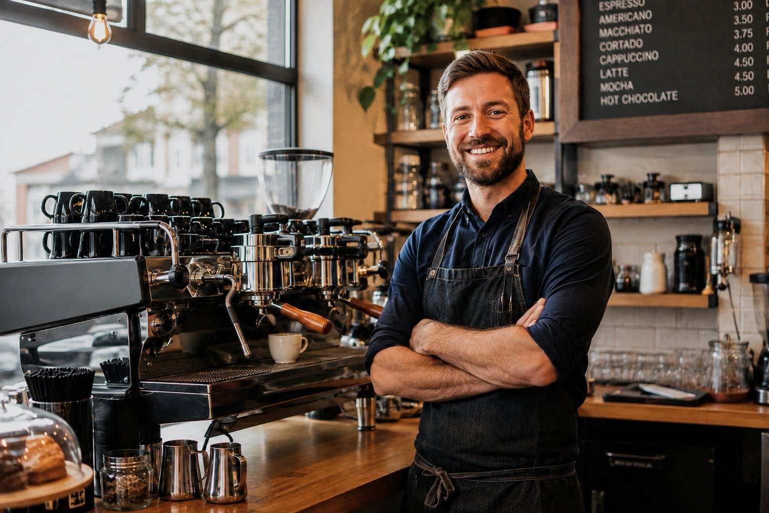 Barista standing beside an espresso machine