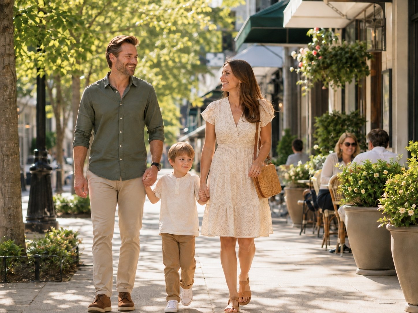Family walking past shops and cafés on a main street