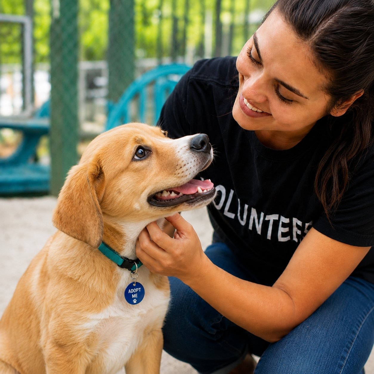 Shelter volunteer petting a puppy with an adoption tag